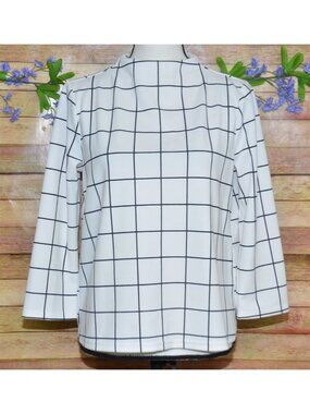 Melloday White 3/4 Sleeve High Neck Boxy Blouse M Grid Window Pane Career Office